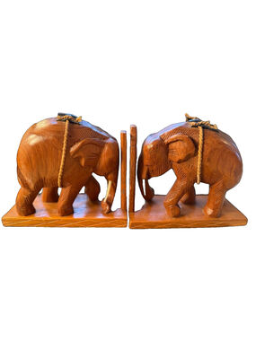 Pair of vintage hand carved genuine teak wood Elephants bookends saddle & strap